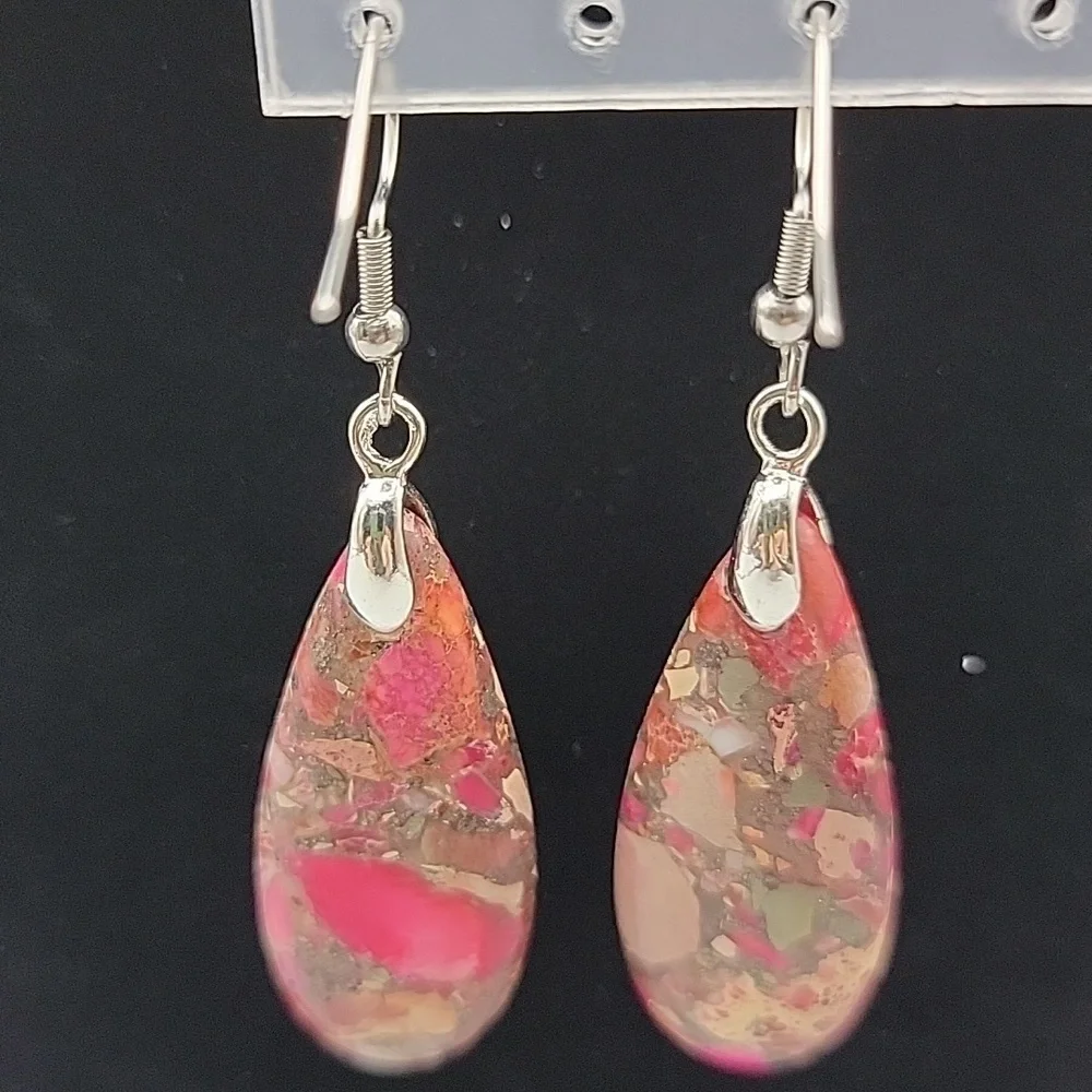 Ruby Orange Sea Sediment Jasper Pyrite Teardrop Pendant Earrings Gemstone - Picture 2 of 5